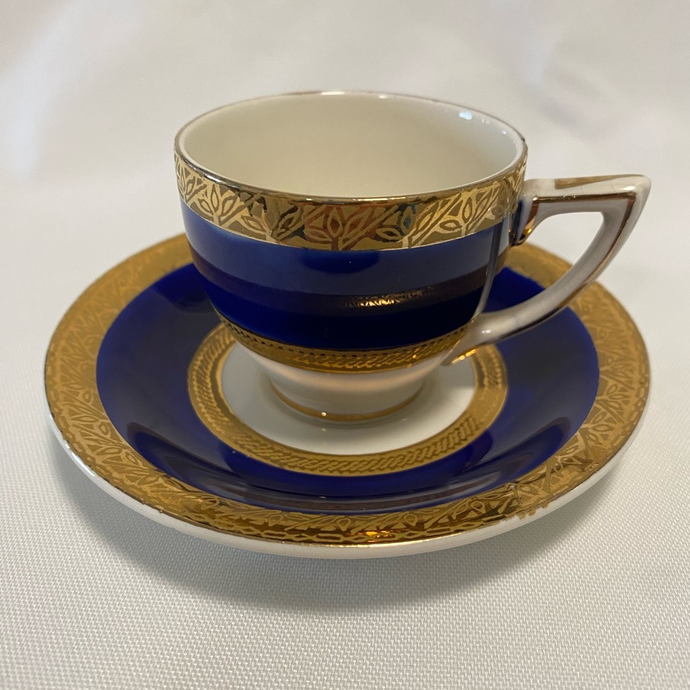 1930s Crown Ducal Cobalt Blue and Gold Teacup Demitasse Set